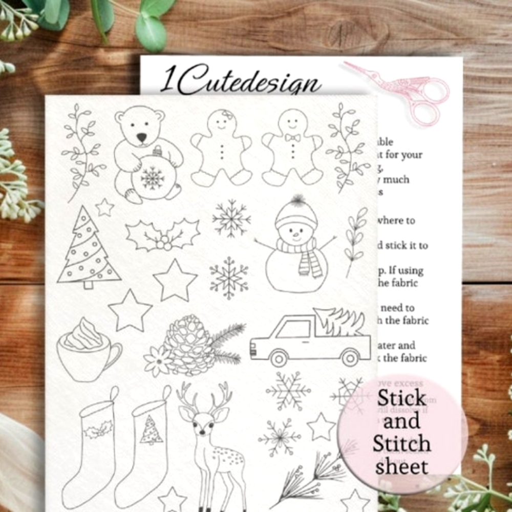Christmas stick and stitch embroidery pattern, gingerbread man, snowman, pattern